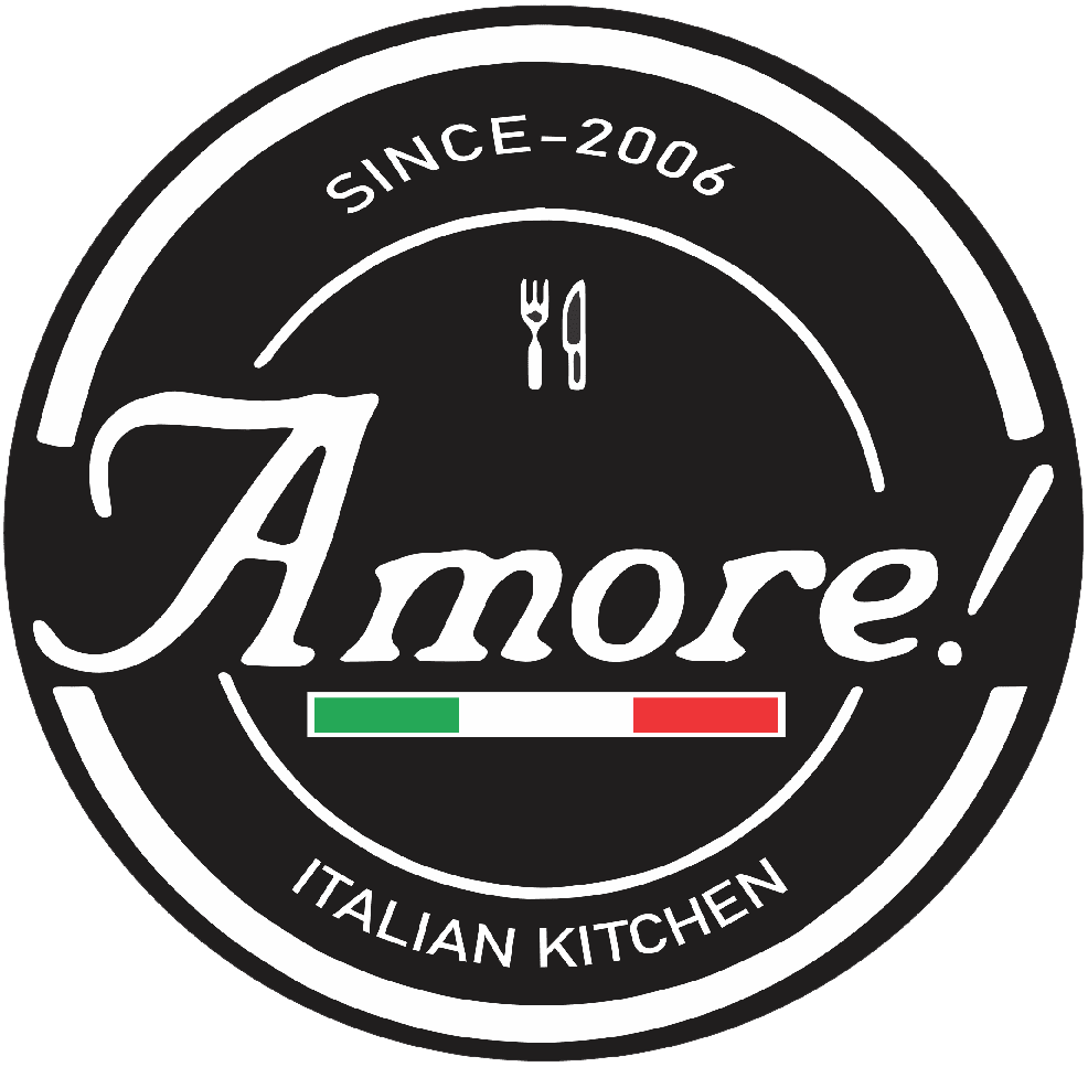 A black and white logo for amore italian kitchen.