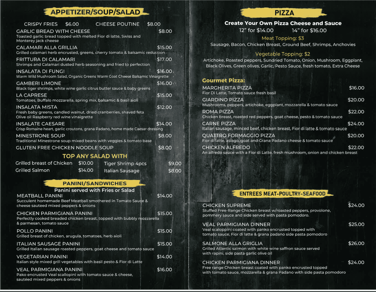 A menu of a restaurant with prices and descriptions.